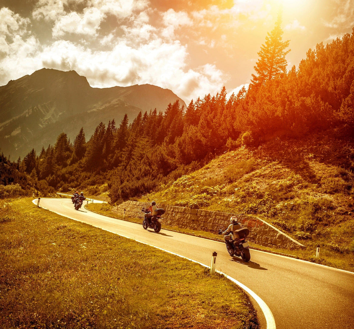 Bikers on Mountain Road in Sunset Wall Mural Wallpaper Mural Deposit photo Color Original Custom Size