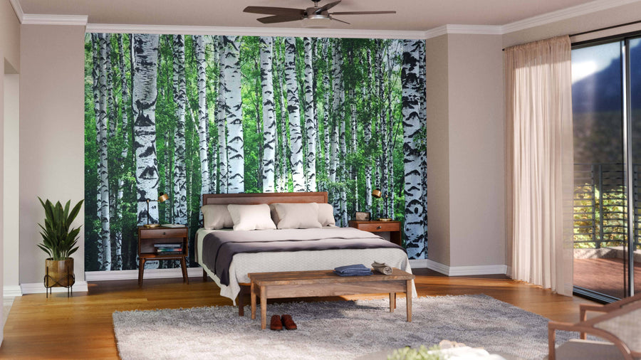 A modern living and dining room with wood floors, blue armchairs, a unique wooden coffee table, and a large "Birch Tree Trunks In Summer Wall Mural." The dining area features globe pendant lights and a kitchen with yellow accents beyond.