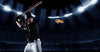 Energize any space with the Blazing Fastball Wall Mural, featuring a dramatic scene of a baseball player in a black uniform and helmet about to swing at a flaming pitch under bright stadium lights. Perfect as an easy peel and stick wall mural.