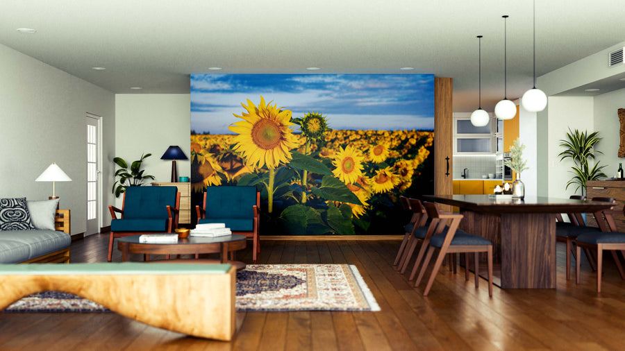 A modern living-dining room features wooden floors, dark furniture, and the "Blooming Under Sky Wall Mural," showcasing a vibrant sunflower field under a blue sky for a bright focal point alongside rugs and globe pendant lights.