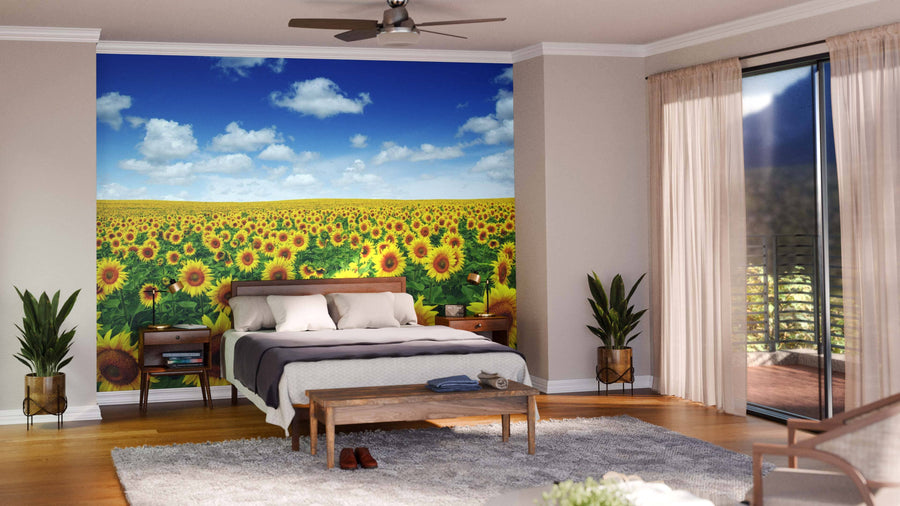 A modern living-dining room with wooden floors and furniture features the Blue Sky on a Sunflower Field Wall Mural, bringing vibrant color and nature-inspired charm to the cozy space with contemporary chairs and hanging lights.