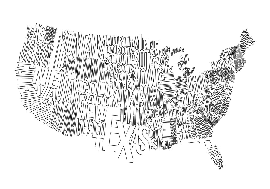 The Bold America Wall Mural features a printed map of the U.S. with state names placed to mirror their locations. Texas and California stand out, with black names fitting each state's shape on a white background, ideal as a peel-and-stick wall mural for any space.