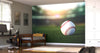 A bedroom features a Baseball on the Grass Wall Mural with a matte canvas texture, yellow pillows on the bed, a desk with computer and chair, soccer ball on the floor, and a white wardrobe by the window.