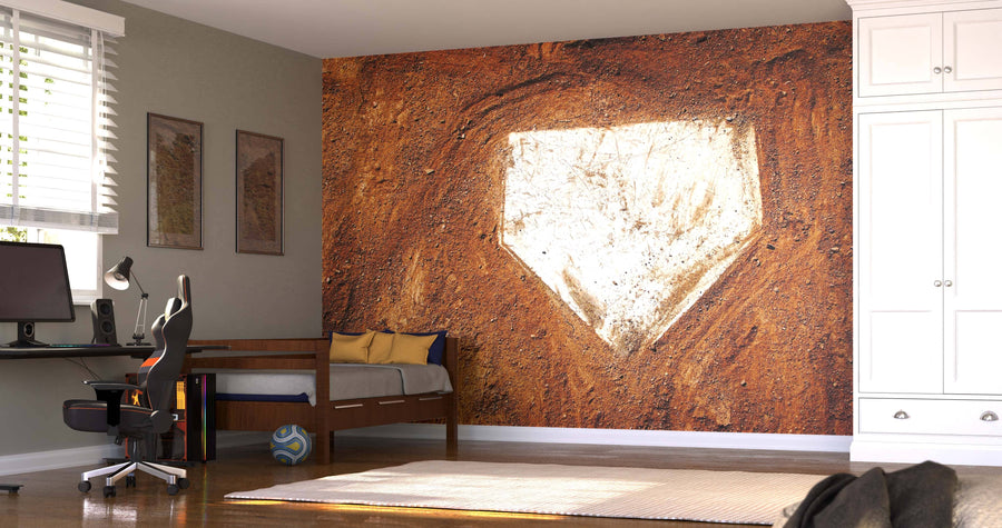 A tidy, modern bedroom with a desk, chair, single bed, and wardrobe features the Home Plate Wall Mural on one wall. Sunlight filters through blinds while a soccer ball sits under the bed.