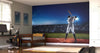 A bedroom features the Ready to Swing Wall Mural showing a baseball player at bat in a night stadium, plus a bed, desk, chair, sports decor, light wood floors, natural light, and a soccer ball near the bed.