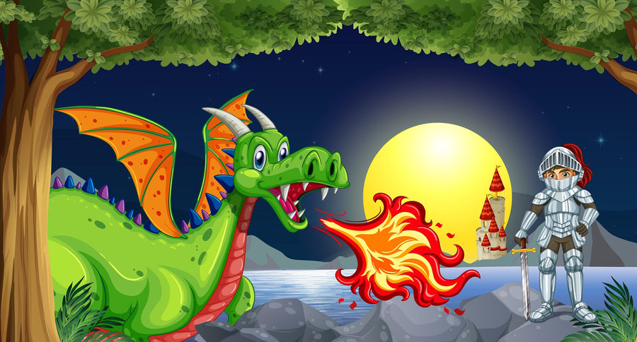 A bright children’s room features the Brave Knight and Dragon Wall Mural, showing a green dragon breathing fire at a knight by a castle lake at sunset, plus a crib, rocking horse, toys, blue curtains, brown rug, and modern light fixture.