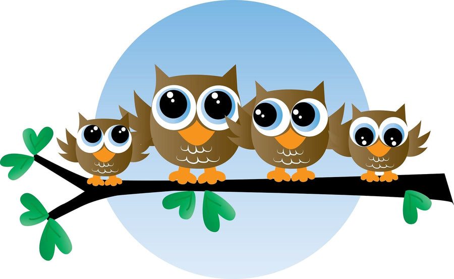 A nursery with a crib, dresser, plants, and shelves is brightened by the Brown Owls Wall Mural—four big-eyed cartoon owls on a branch in a blue circle—easy peel-and-stick decor for this calm, neutral-toned room.