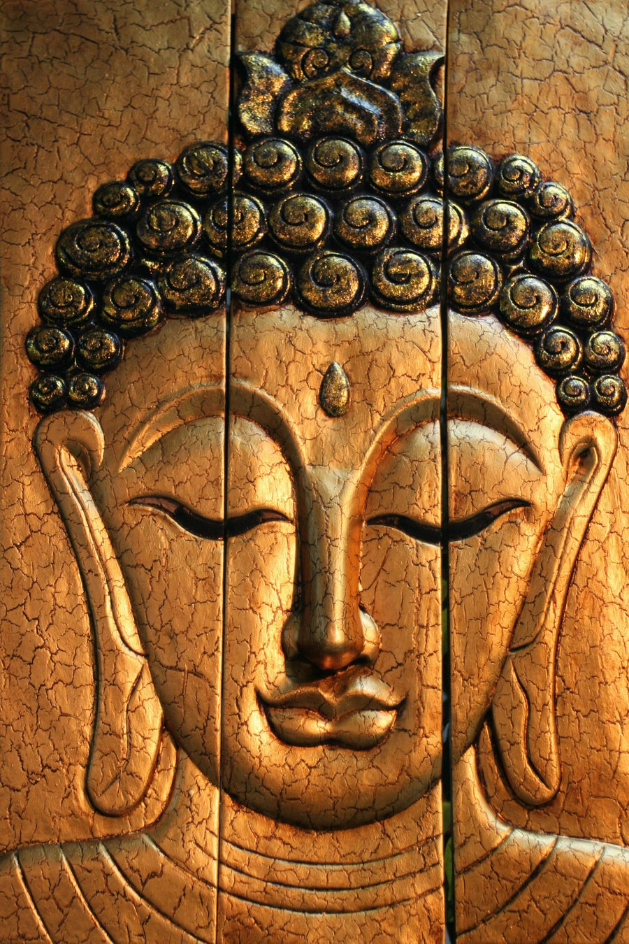 A living room showcases the "Buddha Wall Mural 1" with a serene Buddha face and cracked golden texture, paired with modern wooden furniture, a dining table, yellow dresser, and greenery in soft daylight.