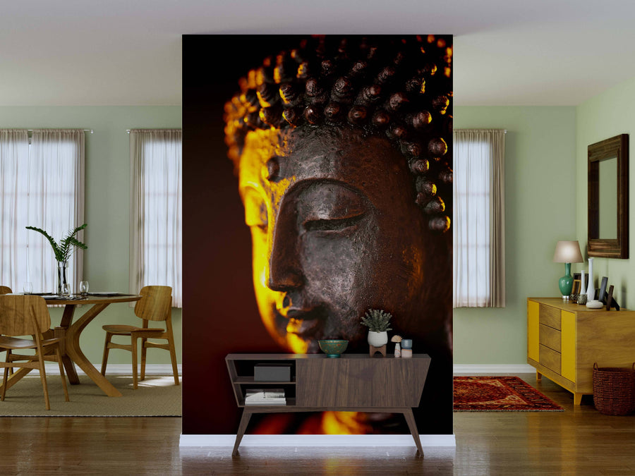 A modern living room with light green walls features the Buddha Buddhismus Zen Orchidee Wall Mural as a serene focal point. Mid-century furniture, plants, and natural light from sheer curtains create a calm, inviting atmosphere.