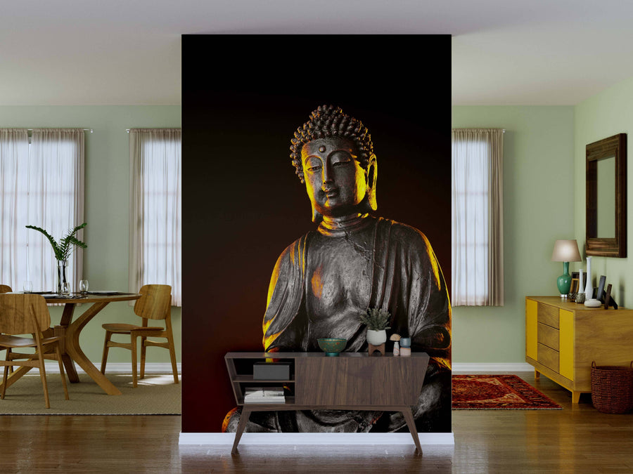 A modern living room with green walls features the "Buddha Buddhismus Zen Orchidee Statue Wall Mural" behind a sleek console table, with a dining area to the left and a dresser with mirror on the right, all bathed in warm lighting for a serene look.