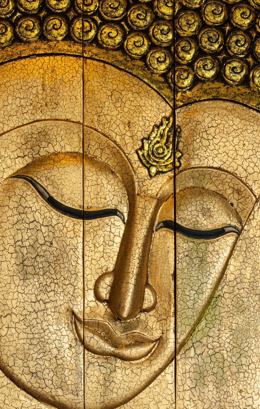 The Buddha Face on Wood Wall Mural separates the modern dining area, with a round wooden table, from the cozy living space; sunlight filters through sheer curtains covering tall windows.