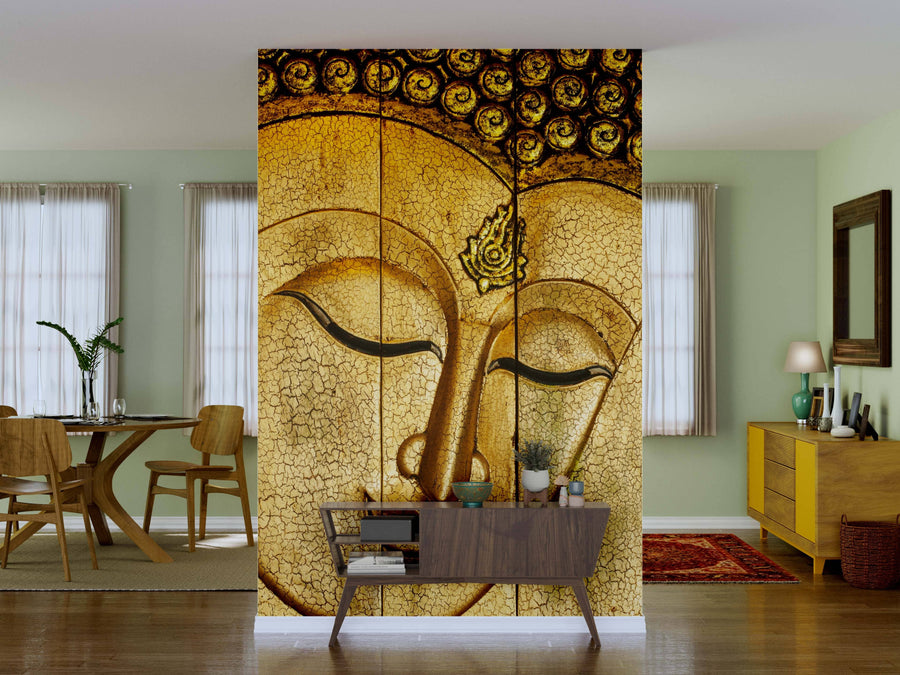 The Buddha Face on Wood Wall Mural separates the modern dining area, with a round wooden table, from the cozy living space; sunlight filters through sheer curtains covering tall windows.