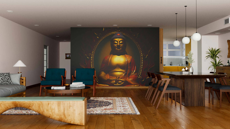 A modern living-dining room with wooden floors, teal chairs, and a patterned rug features the Buddha Statue in Temple Wall Mural on a dark accent wall. Pendant lights illuminate the dining area, with the kitchen visible in the background.