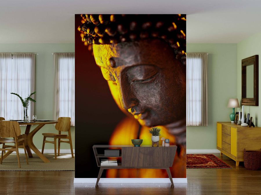 A modern living space features a dining area with wooden furniture, sheer curtains, and decor. The Buddha Zen Orchidee Statue Gott Wall Mural adds a serene touch, displaying a peaceful bronze Buddha softly lit for a calming atmosphere.