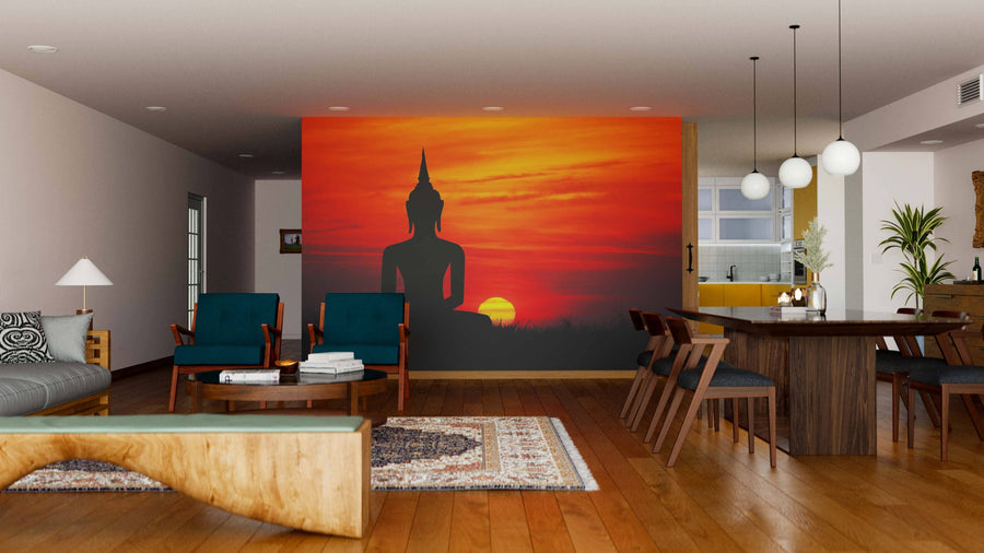 A modern living-dining area with wooden floors and furniture features the Buddha at Sunset Wall Mural, bringing serenity. Teal chairs, a rug, pendant lights, and a bench-style coffee table complete the stylish look.
