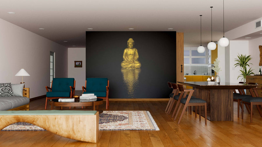 A modern living-dining room features wooden floors, teal chairs, a wooden table, and a striking black accent wall with the "Buddha on Black Background Wall Mural," enhanced by warm lighting and elegant pendant lamps for a cozy, inviting space.