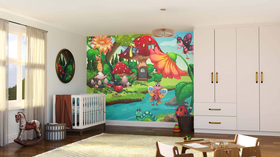A nursery with wooden floors, a white crib, and a rocking horse features the Bug World Wall Mural: peel-and-stick art of cartoon insects, butterflies, and mushrooms in a whimsical forest scene. Sunlight filters through sheer curtains.