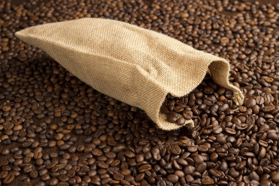 A modern coffee shop features wooden tables, stools, potted plants, large windows, and a Burlap Sack of Coffee Beans Wall Mural. Black pendant lamps hang overhead, completing the inviting space.