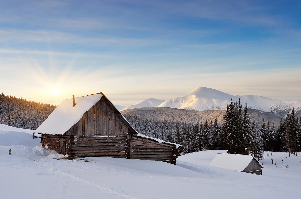 Cabin in the Mountains at Winter Sunrise Wall Mural