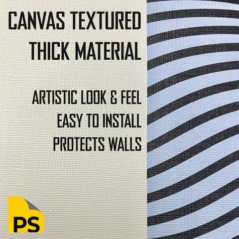 The image showcases a canvas-textured, thick material with an artistic feel. It promotes easy installation and wall protection of the Peaceful Ocean View Wall Mural, featuring a blue and black wavy pattern background with a yellow folded corner marked "PS" at the bottom left.