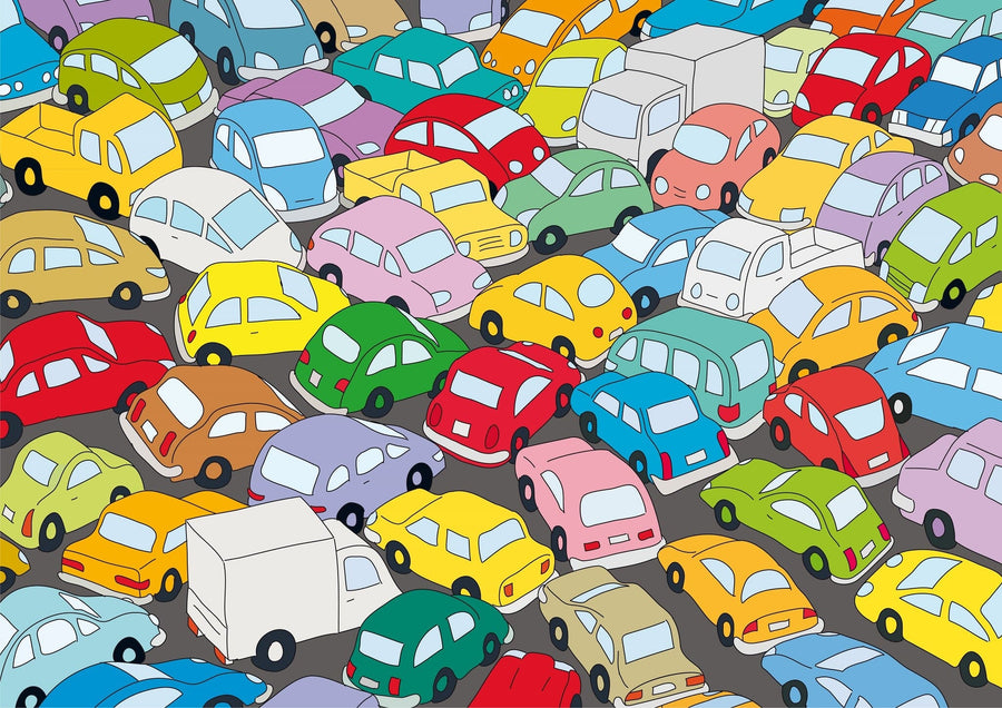 A bedroom with a computer desk, bed, white cabinet, striped pillow, soccer ball, and framed abstract art is enlivened by the Colored Traffic Jam Wall Mural—a vibrant custom print of overlapping cars covering an entire wall.