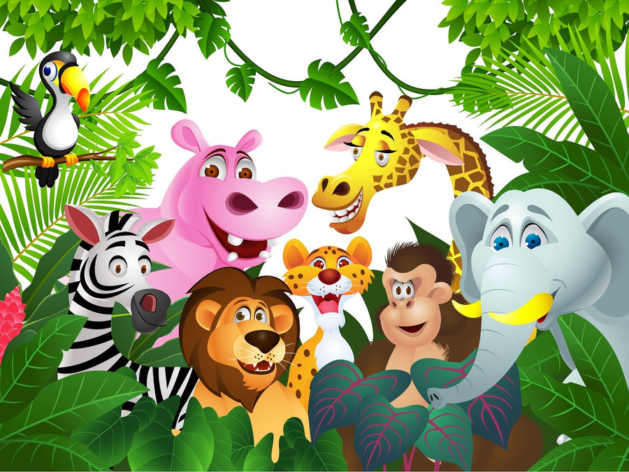 A nursery features a white crib, dresser, green plants, and a light wooden floor. The Cartoon Animals Wall Mural adds cheer with cartoon jungle animals among lush leaves behind the crib, while framed photos complete the space.