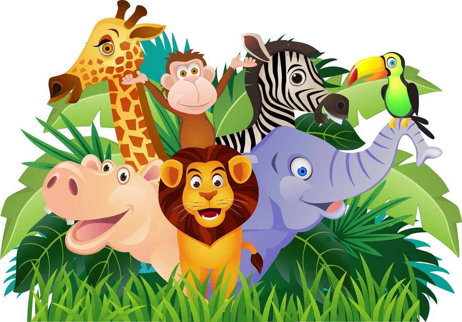 A bright nursery with a crib, wicker baskets, and a round mirror features the Cartoon Animals in the Jungle Wall Mural—peel and stick, showcasing a lion, elephant, zebra, giraffe, monkey, toucan, green leaves and grass.