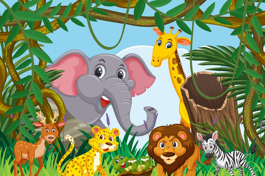 A nursery features the Cartoon Jungle Crew Wall Mural with cartoon animals—elephant, giraffe, lion, leopard, and zebra. The room includes a crib, round basket, rocking horse, rug, wardrobe, and sheer curtains letting in sunlight.