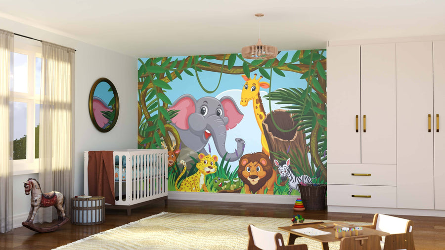 A nursery features the Cartoon Jungle Crew Wall Mural with cartoon animals—elephant, giraffe, lion, leopard, and zebra. The room includes a crib, round basket, rocking horse, rug, wardrobe, and sheer curtains letting in sunlight.