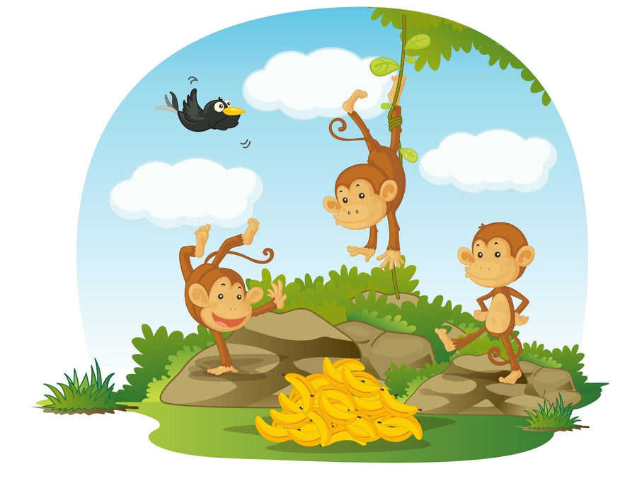 A nursery includes a crib, dresser, plant, and the Cartoon Monkeys Wall Mural showing monkeys on a log with bananas and trees for a playful jungle scene. Removable wallpaper adds charm alongside wooden floors and framed shelf photos.