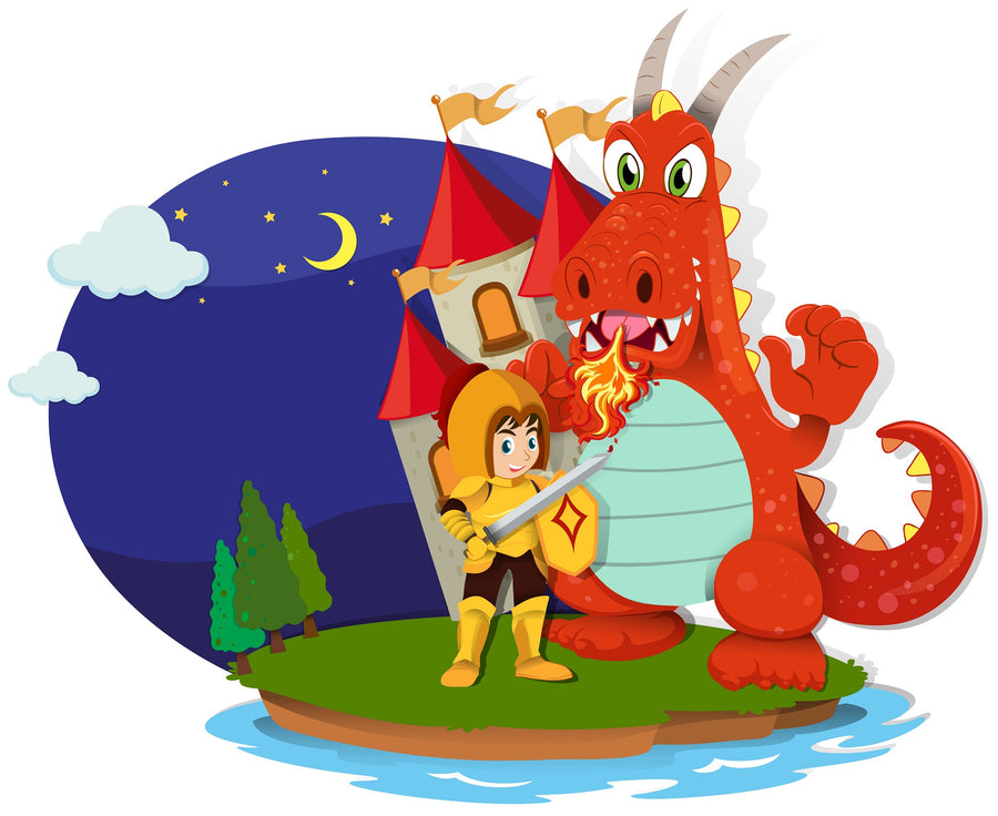 A cheerful nursery features a crib, rocking horse, toys, and the Castle Battle Wall Mural showing a smiling knight and friendly red dragon by a castle under the moon and stars. Blue curtains and wooden decor complete the cozy space.