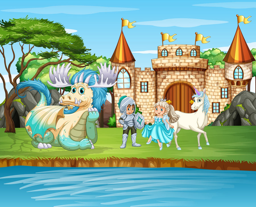 A child's bedroom features the Castle Friends Adventure Wall Mural, a colorful peel and stick design with a castle, dragon, knight, princess, and horse. The room includes a crib, rocking horse, toy blocks, storage baskets, and chairs by blue-curtained windows.