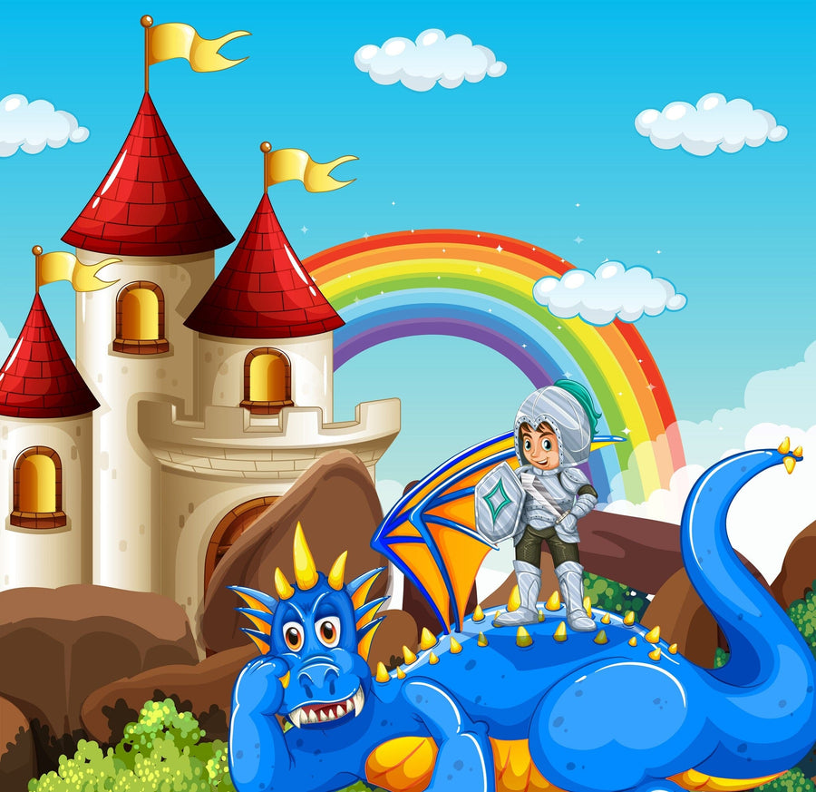 A cheerful knight in silver armor stands on a blue dragon with orange wings, with a castle and rainbow in the background—a magical scene from the Nursery 13 Wall Mural, perfect for brightening up any child’s room.