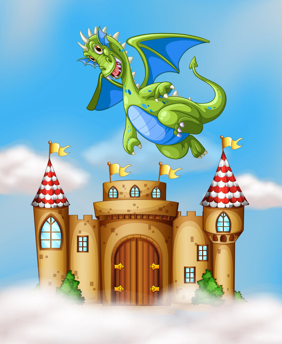 The Castle in the Clouds Wall Mural features a green dragon with blue wings soaring above a tan stone castle with red-and-white roofs, yellow flags, and wooden doors beneath blue sky and clouds—ideal for imaginative spaces.