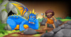 The Caveman and Beast Wall Mural features a tired blue dragon with yellow spikes resting by a cave, as a cheerful caveman in an orange animal-skin outfit holds a stone axe and rock—perfect for playful decor in any kid's room.
