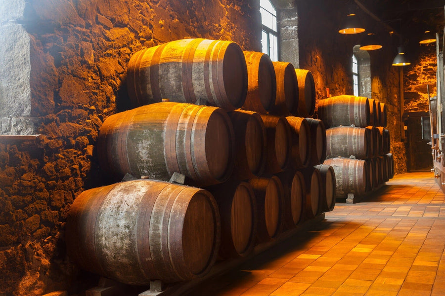Modern cafe with wooden tables, stools, small plants, pendant lights, and the Cellar Barrel Stacks Wall Mural as a striking feature. To the right are shelves holding wine bottles and coffee machines, with sunlight streaming through large windows.