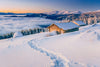 snowy cabin with mountain views, chalets in the mountains at sunset – Peel and Stick Wall Murals