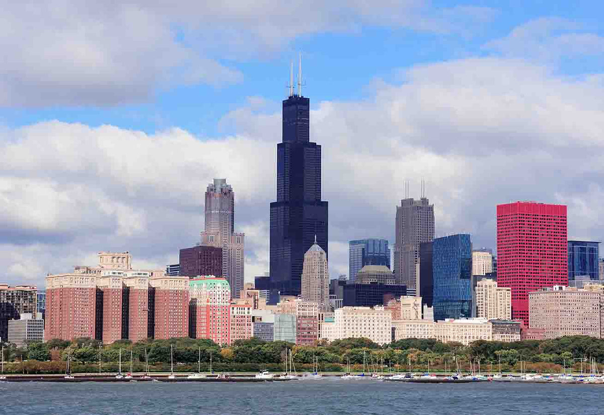 Chicago Skyline Over Lake Red Building Wall Mural