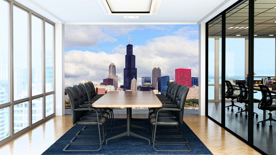Modern conference room with a long wooden table, black chairs, large windows, and a glass wall. The back wall displays the "Chicago Skyline Over Lake Red Building Wall Mural" featuring the city's skyline and Willis Tower.
