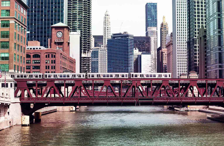 Chicago Train on Bridge Over River Wall Mural Wallpaper Mural Color Custom Size