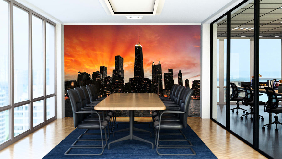 A modern conference room with a long wooden table, black chairs, floor-to-ceiling windows, and a striking Chicago Skyscrapers Silhouette Wall Mural. Glass walls reveal another office space.