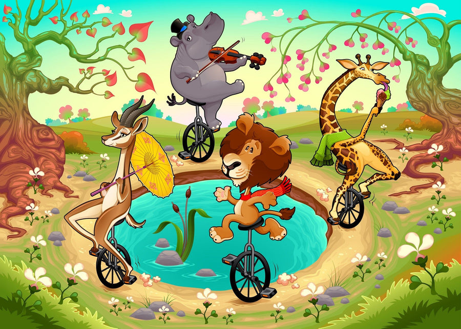 A nursery with a white crib, toys, and the Circus in the Wild Wall Mural—featuring jungle animals riding unicycles by a pond under trees—creates a playful, imaginative space with whimsical custom-printed details.