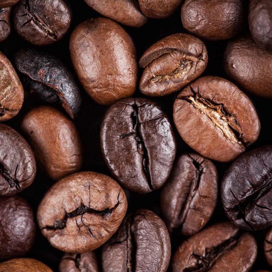 A modern coffee shop features wooden tables and stools, potted plants, a corkboard, large windows, and a Close-Up of Roasted Coffee Beans Wall Mural. Soft lighting adds to the inviting atmosphere.