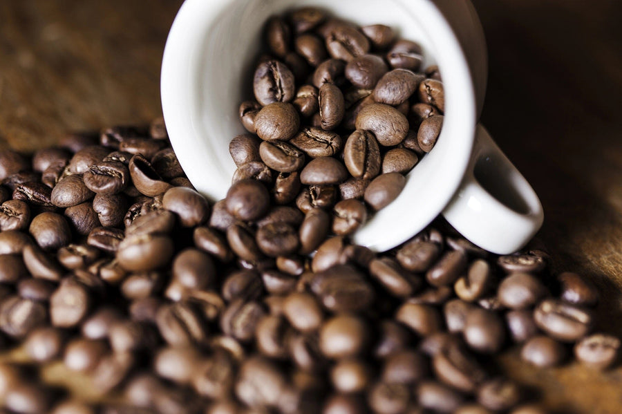 A modern coffee shop with wooden tables, stools, potted plants, and hanging lights features the Coffee Beans Spilling Wall Mural—a custom print showing a white cup spilling dark roasted beans. Large windows on the left fill the space with natural light.