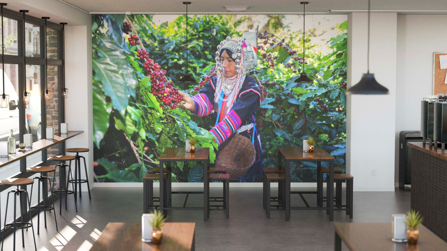 A modern café features wooden tables, potted plants, pendant lights, and daylight from large windows. The back wall displays the Cultural Coffee Picker Wall Mural—a woman in traditional attire harvesting red coffee cherries.