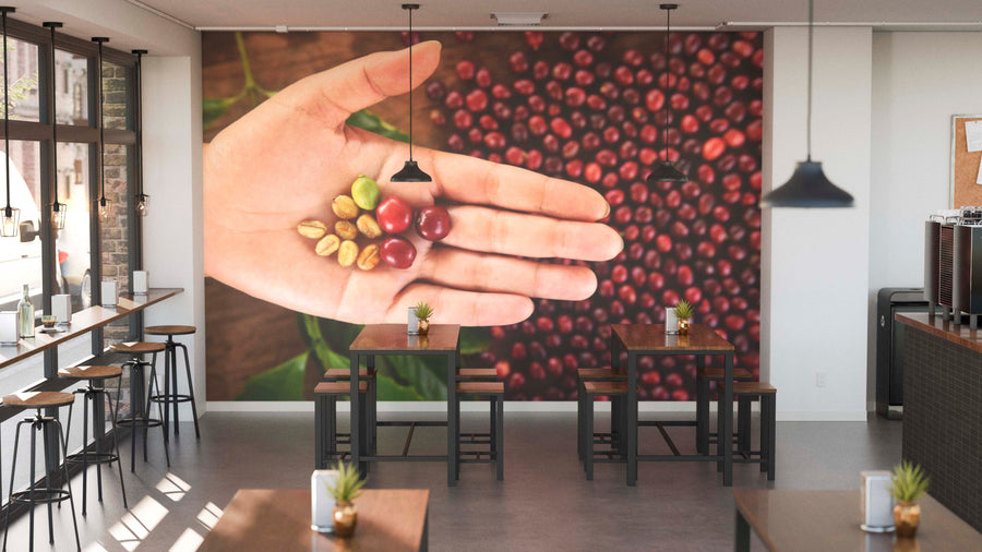 A modern café features wooden tables and stools, potted plants, pendant lights, and the Holding Coffee Cherries Wall Mural depicting a hand with coffee cherries against coffee beans on the back wall. Windows line the left side.