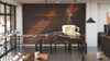 Modern coffee shop interior with tall tables and stools, potted plants, pendant lights, large left-side windows, and a "Morning Brew Wall Mural" featuring a steaming coffee cup with beans on a wooden background created using peel-and-stick murals.