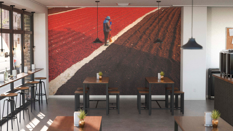A modern café interior with wooden tables, black chairs, and hanging lights. Large windows on one wall; the other showcases the Traditional Bean Drying Wall Mural, depicting a figure in a blue hat crossing vivid red fields under bright sunlight.