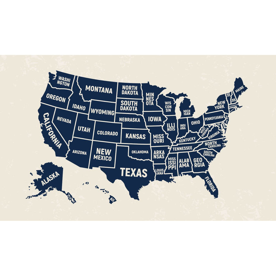 The 1776 Wall Mural by MAPS is a vintage-style map of the United States with states labeled in white on a navy blue background, and Alaska and Hawaii shown to the lower left, all set against a light beige backdrop. Perfect for an elegant peel-and-stick wall mural addition to any space.