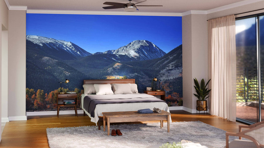 A modern living-dining room with wooden floors and mid-century furniture features a Colorado Rocky Mountains Wall Mural, adding a nature-inspired touch. Round pendant lights hang above a dark wooden dining table beneath the mural’s snowy peaks.